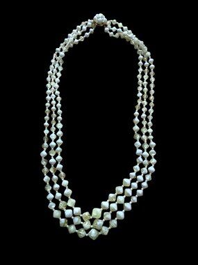 Vintage Three Strand Pale Yellow Faceted Lucite Bead Necklace Made in Hong Kong